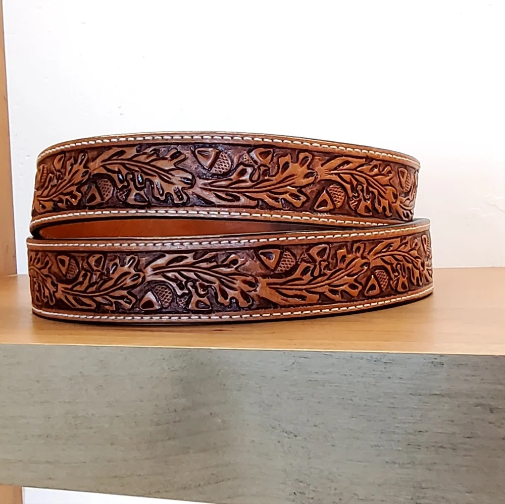 Vogt Russet Brown Hand Tooled Acorn/Leaf Leather Belt, 48